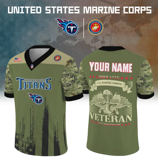 Tennessee Titans x US Marine Corps 250th Anniversary V-Neck Short Sleeve Jersey 3D Limited 2026 Custom Your Name