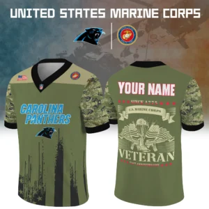 Carolina Panthers x US Marine Corps 250th Anniversary V-Neck Short Sleeve Jersey 3D Limited 2026 Custom Your Name
