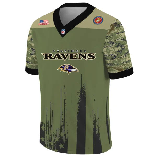 Baltimore Ravens x US Marine Corps 250th Anniversary V-Neck Short Sleeve Jersey 3D Limited 2026 Custom Your Name