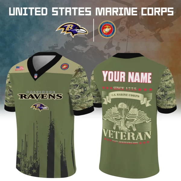 Baltimore Ravens x US Marine Corps 250th Anniversary V-Neck Short Sleeve Jersey 3D Limited 2026 Custom Your Name