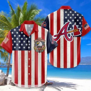 Atlanta Braves Hawaiian Shirt 250 Years of Freedom Anniversary 1776-2026 USA Flag Premium Crinkle Textured