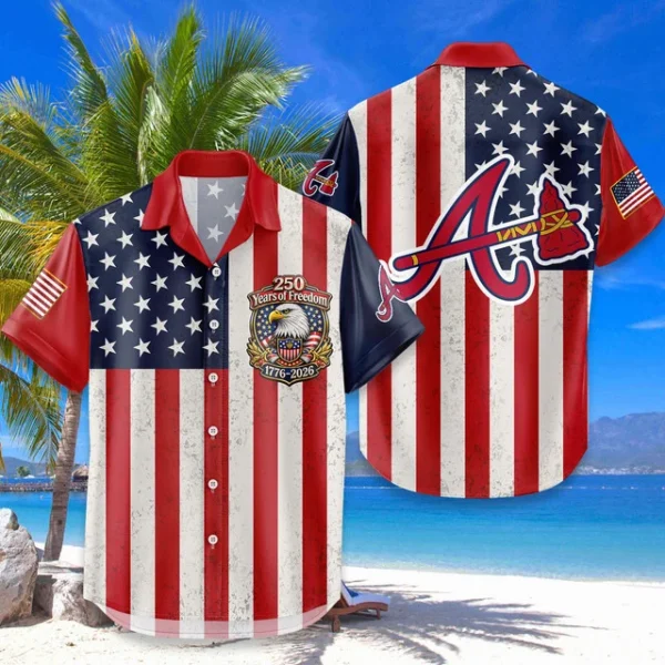 Atlanta Braves Hawaiian Shirt 250 Years of Freedom Anniversary 1776-2026 USA Flag Premium Crinkle Textured