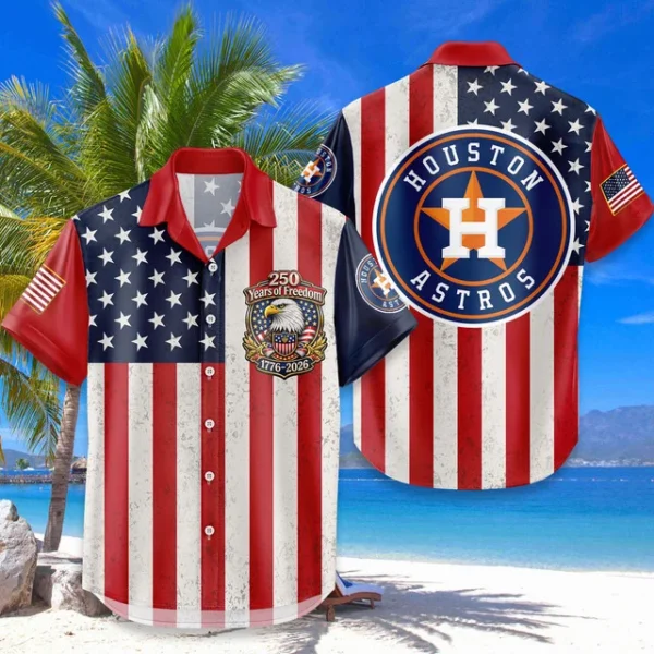 Houston Astros Hawaiian Shirt 250 Years of Freedom Anniversary 1776-2026 USA Flag Premium Crinkle Textured