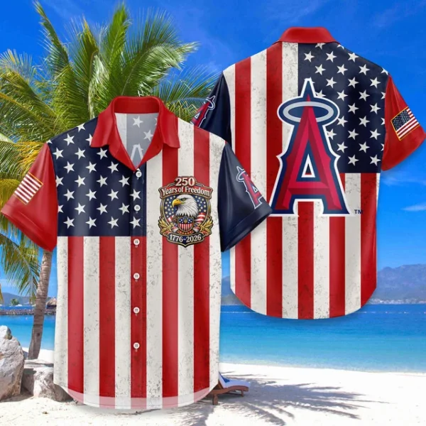 Los Angeles Angels Hawaiian Shirt 250 Years of Freedom Anniversary 1776-2026 USA Flag Premium Crinkle Textured