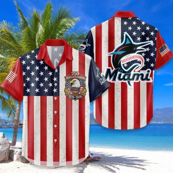 Miami Marlins Hawaiian Shirt 250 Years of Freedom Anniversary 1776-2026 USA Flag Premium Crinkle Textured
