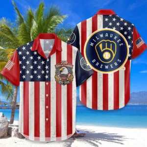 Milwaukee Brewers Hawaiian Shirt 250 Years of Freedom Anniversary 1776-2026 USA Flag Premium Crinkle Textured