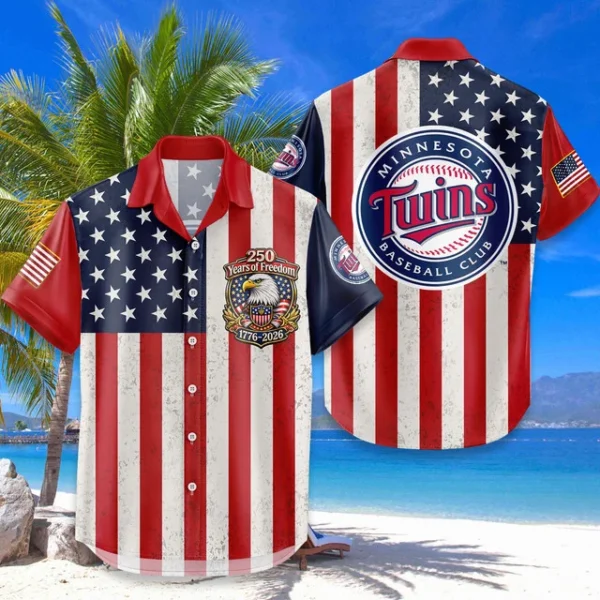 Minnesota Twins Hawaiian Shirt 250 Years of Freedom Anniversary 1776-2026 USA Flag Premium Crinkle Textured