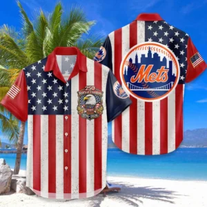 New York Mets Hawaiian Shirt 250 Years of Freedom Anniversary 1776-2026 USA Flag Premium Crinkle Textured