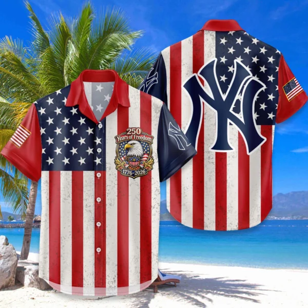 New York Yankees Hawaiian Shirt 250 Years of Freedom Anniversary 1776-2026 USA Flag Premium Crinkle Textured