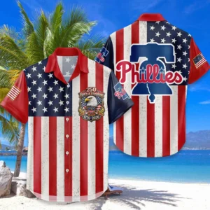 Philadelphia Phillies Hawaiian Shirt 250 Years of Freedom Anniversary 1776-2026 USA Flag Premium Crinkle Textured
