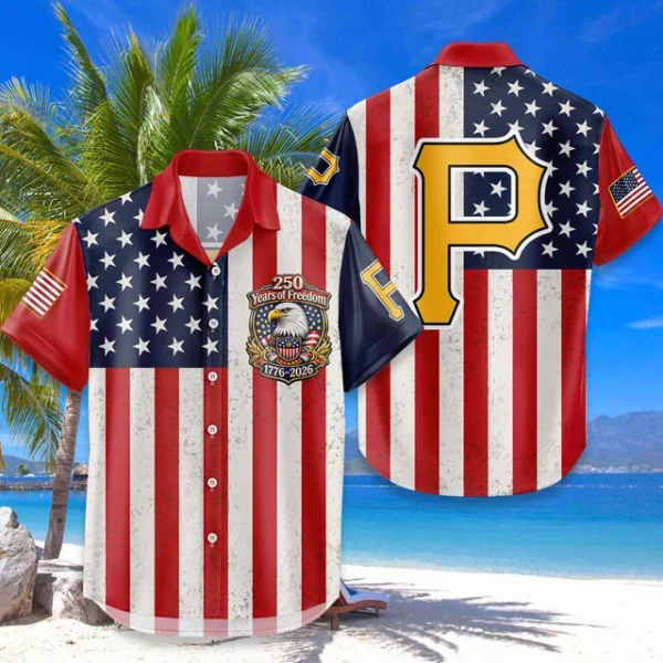 Pittsburgh Pirates Hawaiian Shirt 250 Years of Freedom Anniversary 1776-2026 USA Flag Premium Crinkle Textured