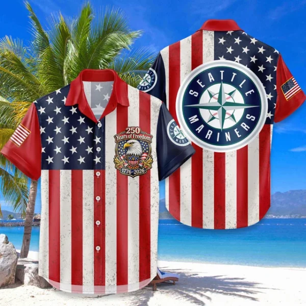 Seattle Mariners Hawaiian Shirt 250 Years of Freedom Anniversary 1776-2026 USA Flag Premium Crinkle Textured