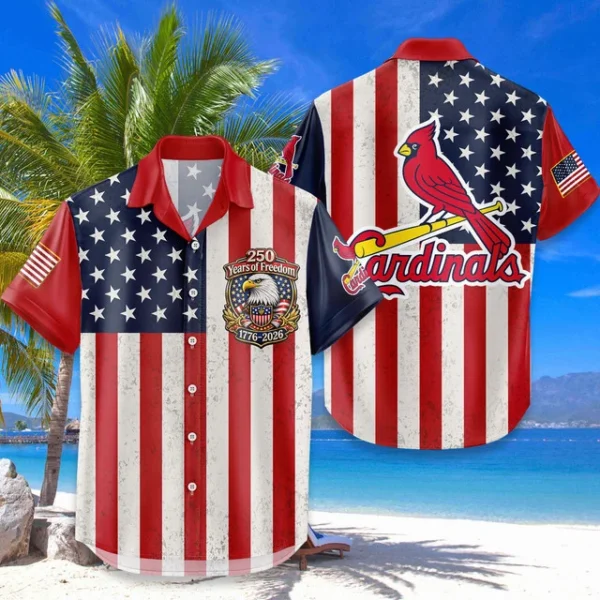 St. Louis Cardinals Hawaiian Shirt 250 Years of Freedom Anniversary 1776-2026 USA Flag Premium Crinkle Textured