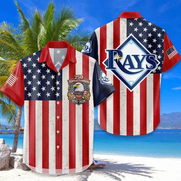Tampa Bay Rays Hawaiian Shirt 250 Years of Freedom Anniversary 1776-2026 USA Flag Premium Crinkle Textured