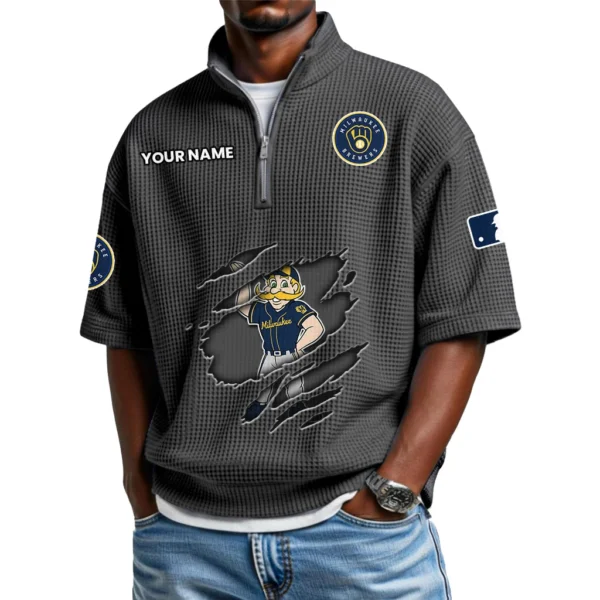 Milwaukee Brewers Polo Shirt 2026 New Men's Quarter Zip Waffle Knit