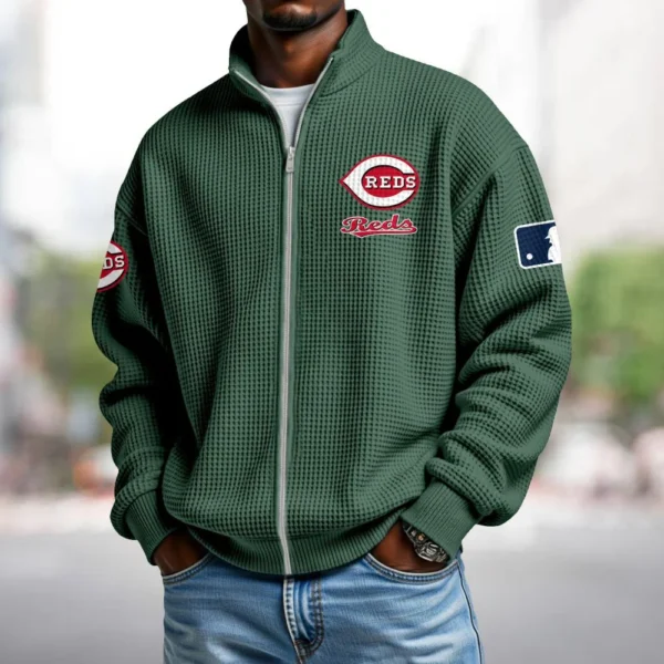 Cincinnati Reds Men’s Full Zip Waffle Knit Long Sleeve Sweatshirt