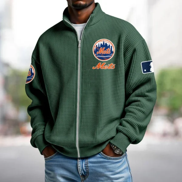 New York Mets Men’s Full Zip Waffle Knit Long Sleeve Sweatshirt