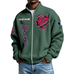 Atlanta Braves Men’s Full Zip Waffle Knit Long Sleeve Sweatshirt Customize Name