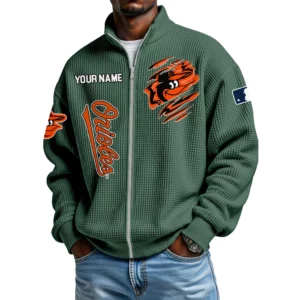 Baltimore Orioles Men’s Full Zip Waffle Knit Long Sleeve Sweatshirt Customize Name