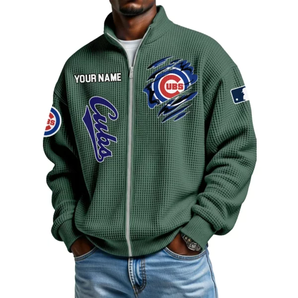 Chicago Cubs Men’s Full Zip Waffle Knit Long Sleeve Sweatshirt Customize Name