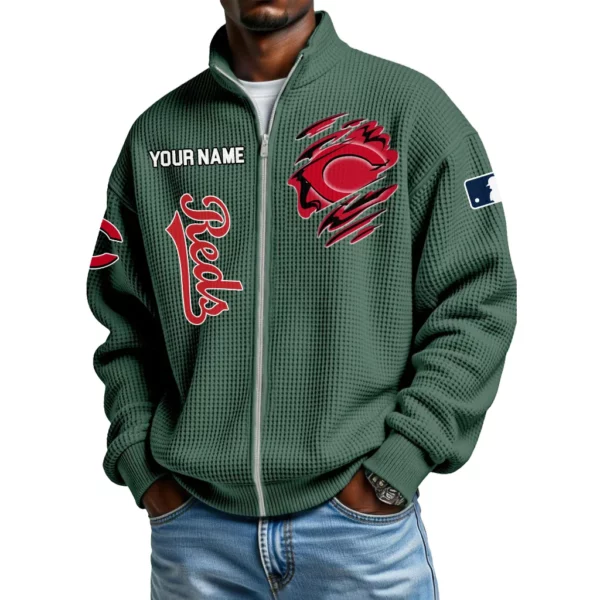 Cincinnati Reds Men’s Full Zip Waffle Knit Long Sleeve Sweatshirt Customize Name