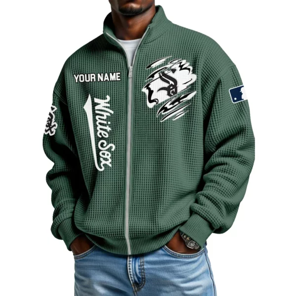 Chicago White Sox Men’s Full Zip Waffle Knit Long Sleeve Sweatshirt Customize Name
