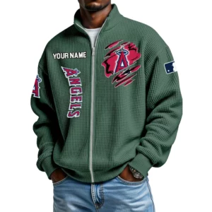 Los Angeles Angels Men’s Full Zip Waffle Knit Long Sleeve Sweatshirt Customize Name