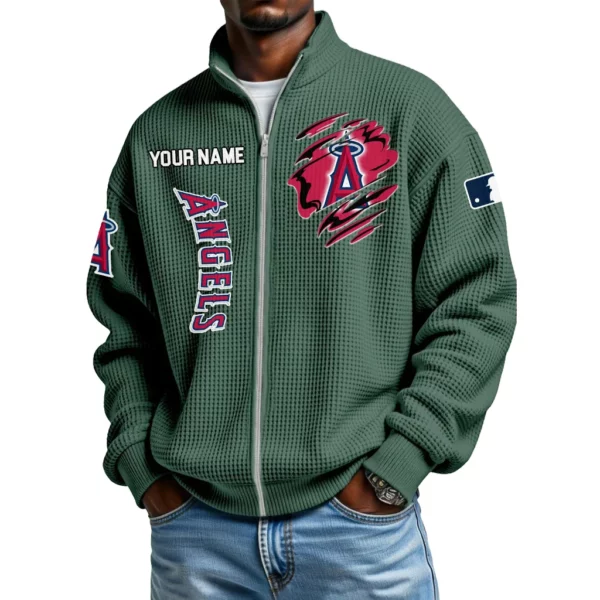 Los Angeles Angels Men’s Full Zip Waffle Knit Long Sleeve Sweatshirt Customize Name