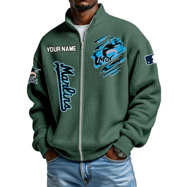 Miami Marlins Men’s Full Zip Waffle Knit Long Sleeve Sweatshirt Customize Name