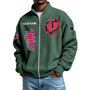 Minnesota Twins Men’s Full Zip Waffle Knit Long Sleeve Sweatshirt Customize Name