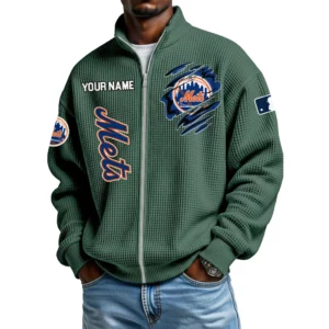 New York Mets Men’s Full Zip Waffle Knit Long Sleeve Sweatshirt Customize Name
