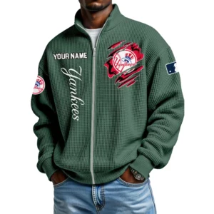 New York Yankees Men’s Full Zip Waffle Knit Long Sleeve Sweatshirt Customize Name