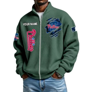 Philadelphia Phillies Men’s Full Zip Waffle Knit Long Sleeve Sweatshirt Customize Name