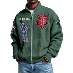 Texas Rangers Men’s Full Zip Waffle Knit Long Sleeve Sweatshirt Customize Name