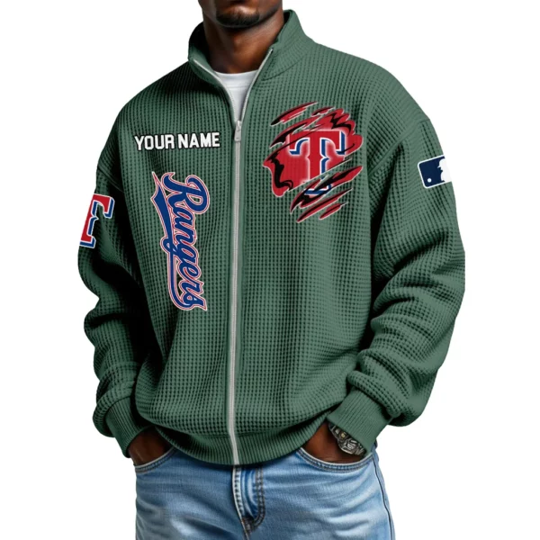 Texas Rangers Men’s Full Zip Waffle Knit Long Sleeve Sweatshirt Customize Name
