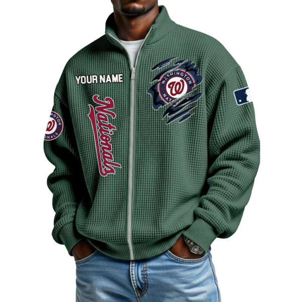 Washington Nationals Men’s Full Zip Waffle Knit Long Sleeve Sweatshirt Customize Name
