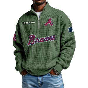 Atlanta Braves Waffle Knit Quarter-Zip Long Sleeve Shirt Customize Name