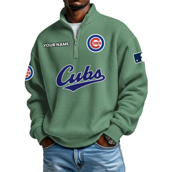 Chicago Cubs Waffle Knit Quarter-Zip Long Sleeve Shirt Customize Name