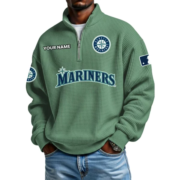 Seattle Mariners Waffle Knit Quarter-Zip Long Sleeve Shirt Customize Name