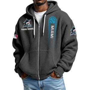Miami Marlins Men’s Waffle Knit Full Zip Up Hoodie Customize Name