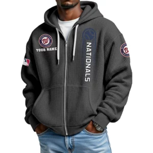 Washington Nationals Men’s Waffle Knit Full Zip Up Hoodie Customize Name