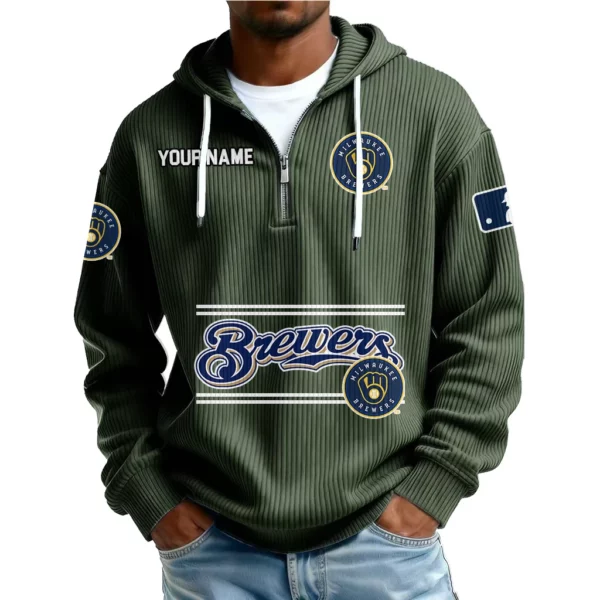 Milwaukee Brewers Men’s Corduroy Quarter Zip Hoodie Customize Name