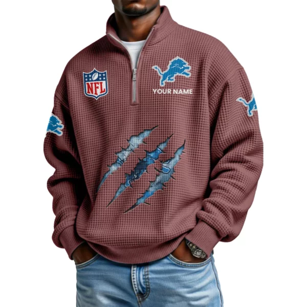 Detroit Lions Waffle Knit Quarter-Zip Long Sleeve Shirt Customize Name