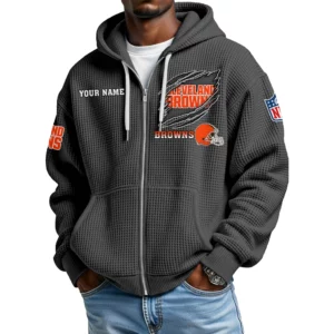 Cleveland Browns Men’s Waffle Knit Full Zip Up Hoodie Customize Name