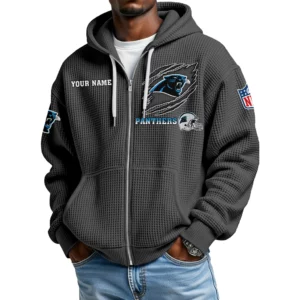 Carolina Panthers Men’s Waffle Knit Full Zip Up Hoodie Customize Name