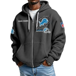 Detroit Lions Men’s Waffle Knit Full Zip Up Hoodie Customize Name