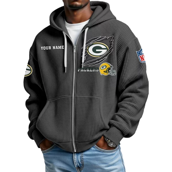 Green Bay Packers Men’s Waffle Knit Full Zip Up Hoodie Customize Name
