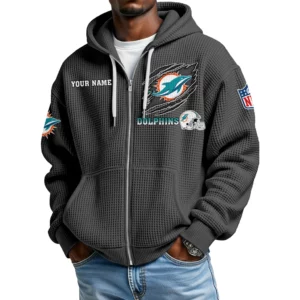 Miami Dolphins Men’s Waffle Knit Full Zip Up Hoodie Customize Name