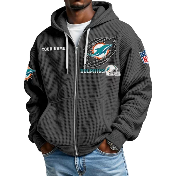 Miami Dolphins Men’s Waffle Knit Full Zip Up Hoodie Customize Name