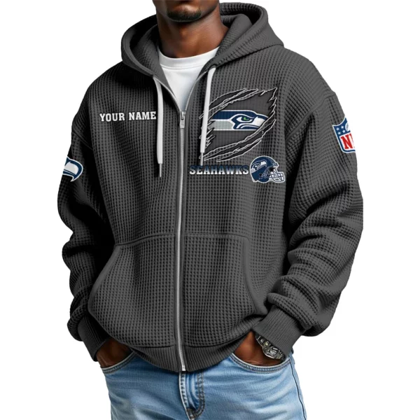 Seattle Seahawks Men’s Waffle Knit Full Zip Up Hoodie Customize Name